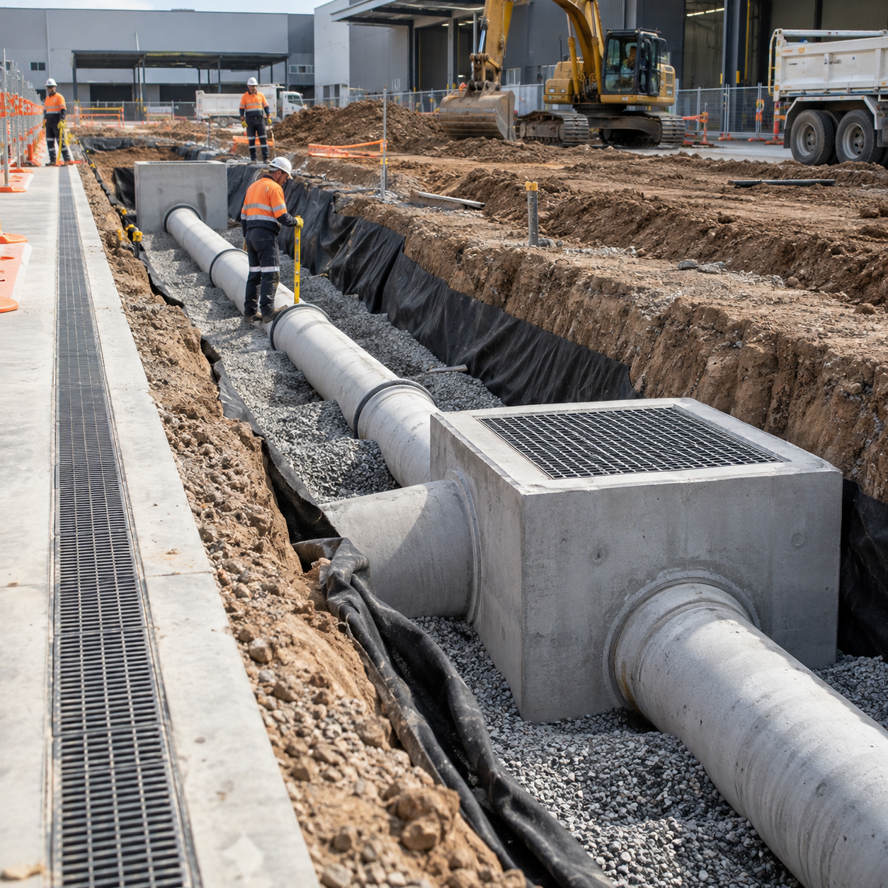 Construction workers install large underground pipes at a construction site, with excavator and construction materials surrounding them.