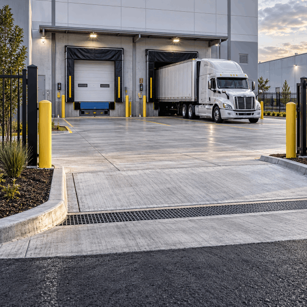 A white semi-truck backing into a loading dock at a commercial warehouse with a concrete driveway and yellow safety bollards.