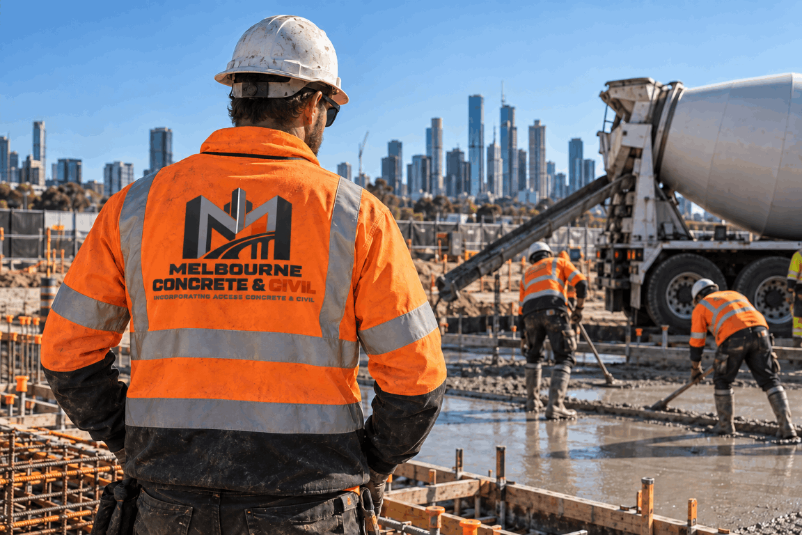 Construction workers in orange safety vests and helmets pouring and leveling concrete on a construction site with a city skyline in the background.