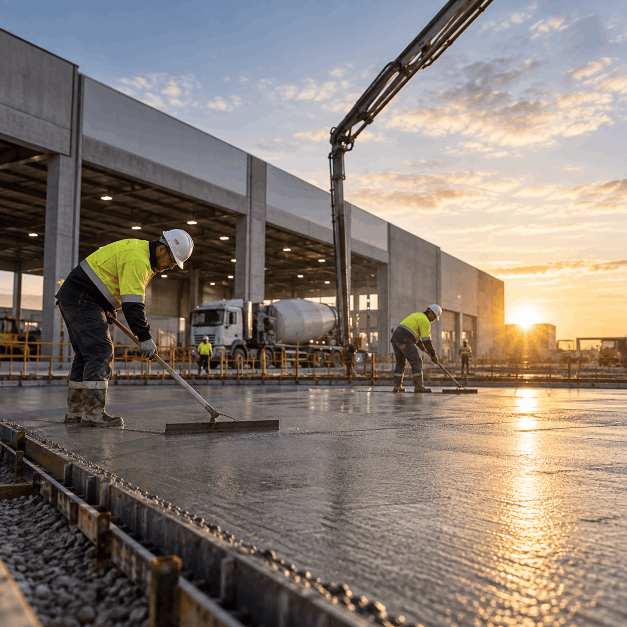 Construction workers in safety vests and helmets smoothing wet concrete on a building site at sunset.