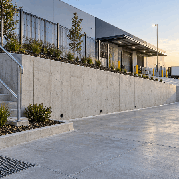 Warehouse loading dock with concrete retaining wall, metal fencing, small plants, and a clear sky at sunset.