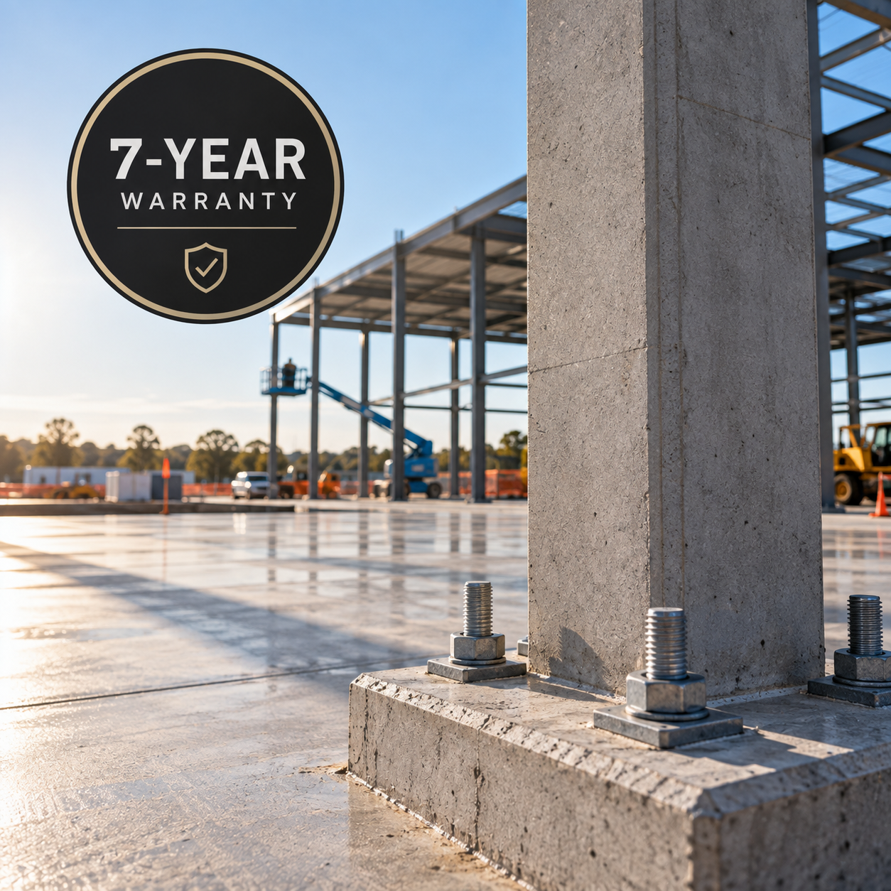 Close-up of a concrete building support column with bolts on a construction site, with a large sign advertising a 7-year warranty, and unfinished building framework in the background.