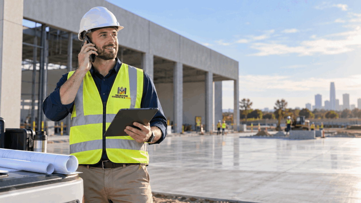 Construction worker wearing a safety vest and helmet, talking on a cell phone while holding a tablet at a construction site with a city skyline in the background.