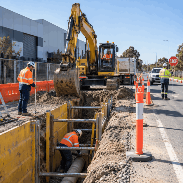 Construction workers in orange safety vests and white helmets working on a road excavation site with a yellow excavator, safety cones, and a stop sign.