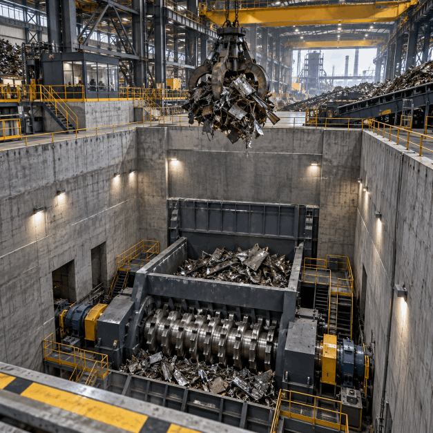 Large industrial shredding machine in operation inside a factory, crushing scrap metal.