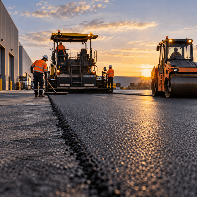 Construction workers paving a road at sunset with asphalt and road rollers.