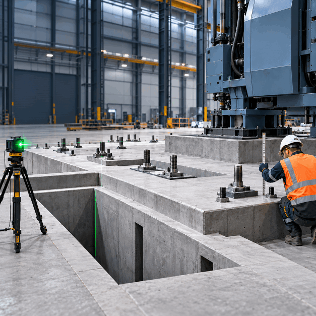 A worker in safety gear measures a large concrete foundation inside an industrial warehouse, with equipment and machinery around.