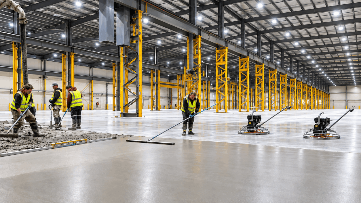 Workers in high-visibility vests are smoothing concrete on the floor of a large industrial warehouse under construction, with yellow structural beams and equipment.