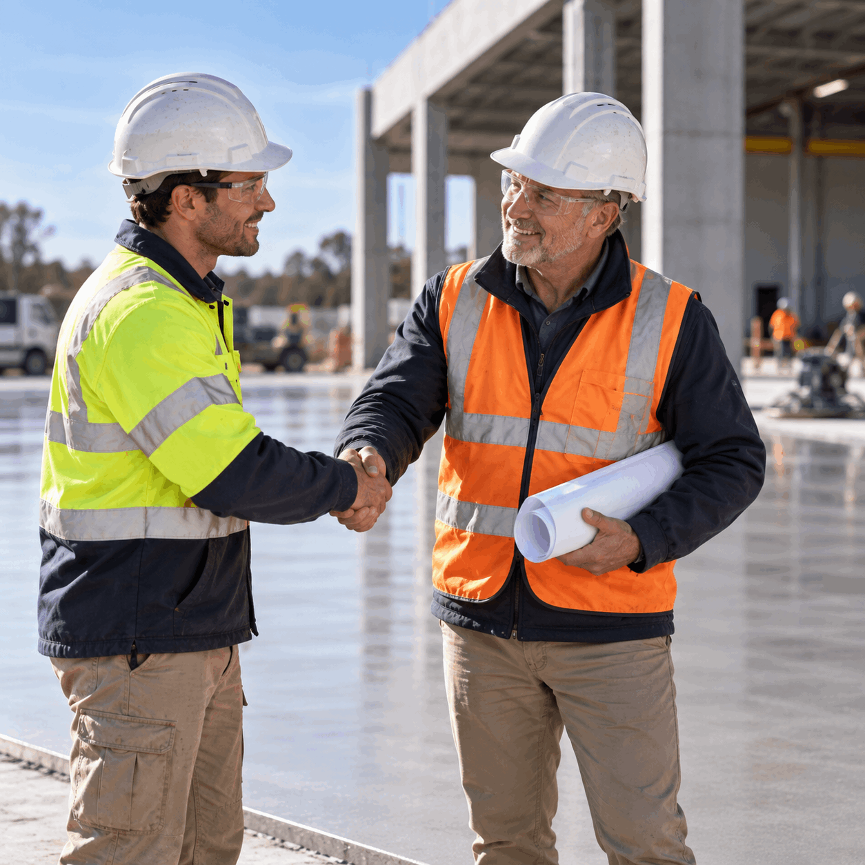 Two construction workers in safety helmets and vests shaking hands on a building site, with one holding rolled blueprints.