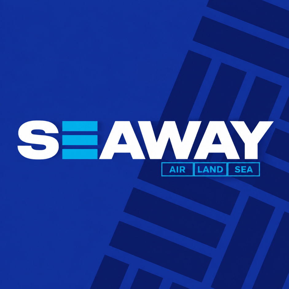The image displays a blue background with the word 'SEA' stylized, with three horizontal blue bars forming the 'E'. The word 'AWAY' is next to 'SEA' in white bold letters. Below, there are three options in blue boxes: 'AIR,' 'LAND,' and 'SEA.'