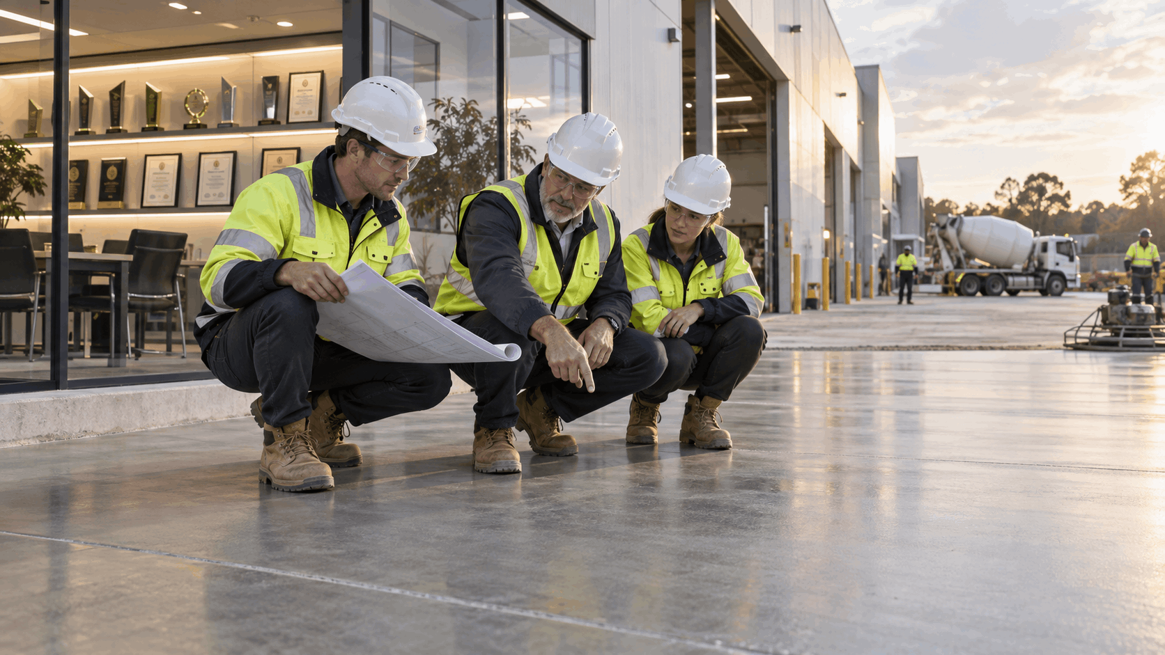 Three construction workers in yellow safety vests and white hard hats kneel on the ground outside, reviewing plans. In the background, other workers, a cement mixer truck, and construction equipment are visible near a modern building at sunset.