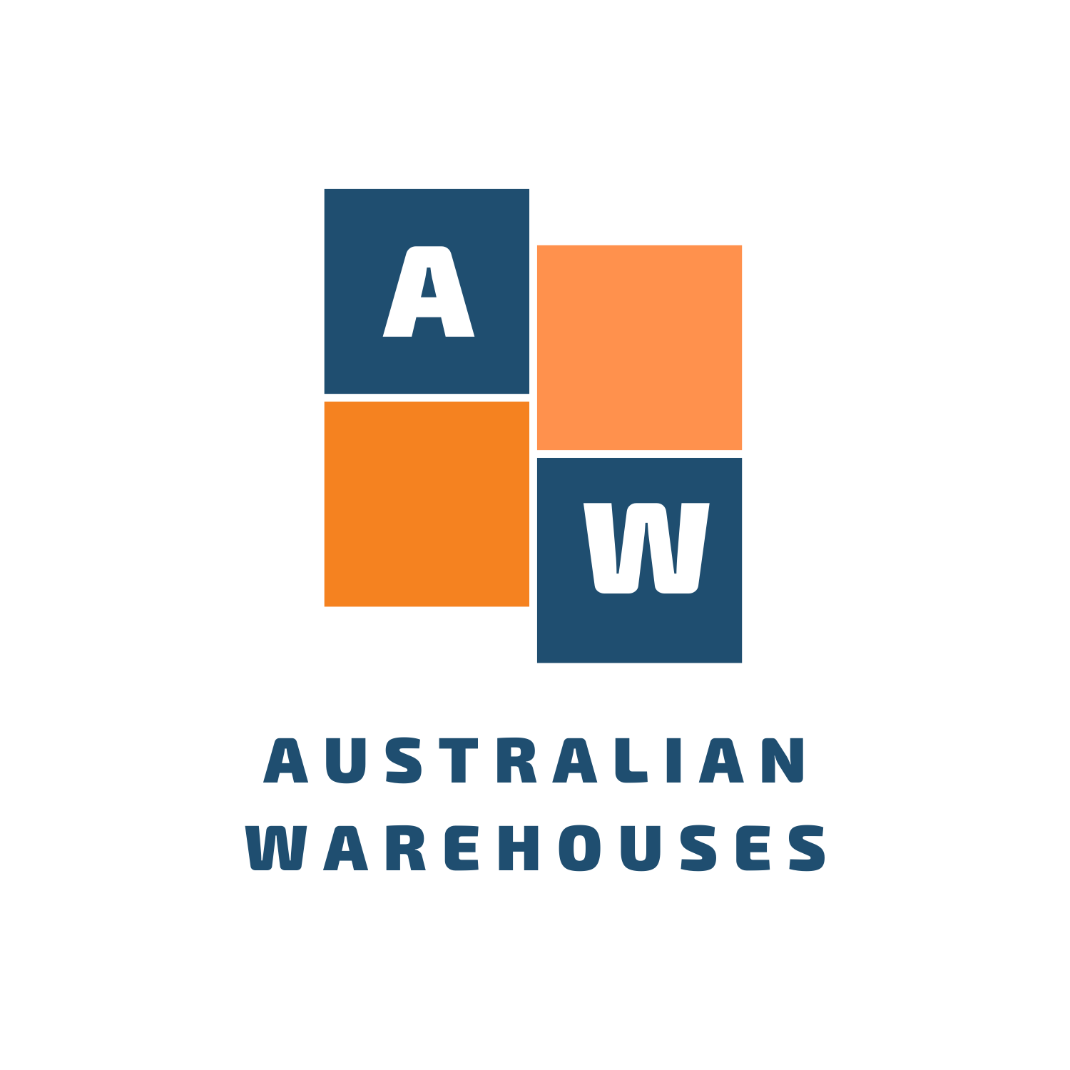 Logo of Australian Warehouses with stylized blocks in navy blue and orange, and the text 'Australian Warehouses' underneath.