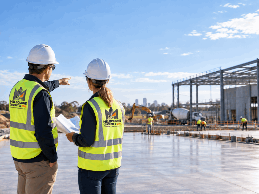 Two construction workers with neon yellow safety vests and white hard hats discuss a construction site with a concrete foundation and ongoing building framework.