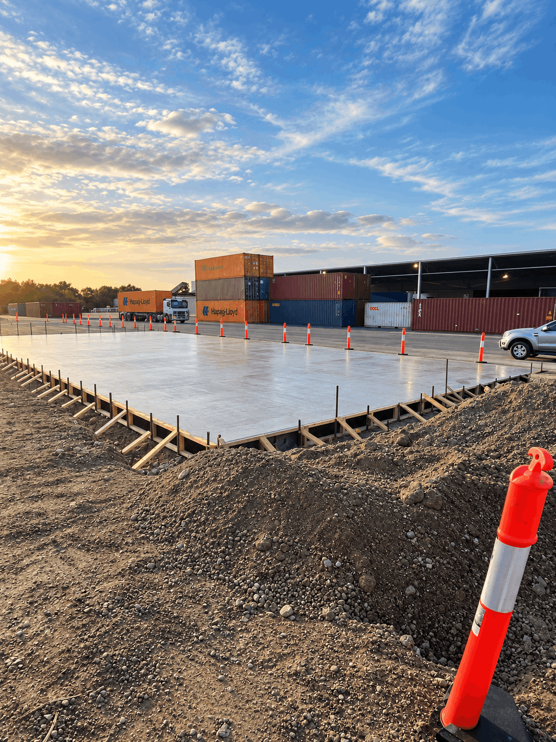 Construction site with freshly poured concrete slab, orange traffic cones, shipping containers, and a truck, during sunset.