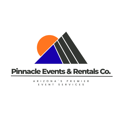 Logo of Pinnacle Events & Rentals Co. featuring a mountain with a blue triangle, four black lines, an orange sun, and text stating 'Arizona's Premier Event Services'.
