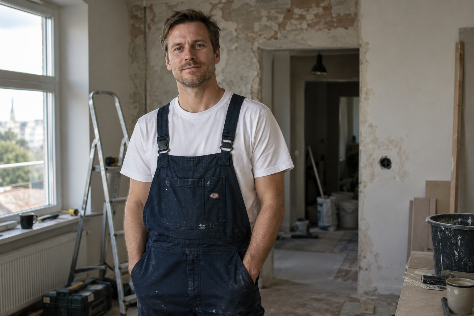 A man in work overalls standing inside a room under renovation. He has his hands in his pockets and is looking at the camera.