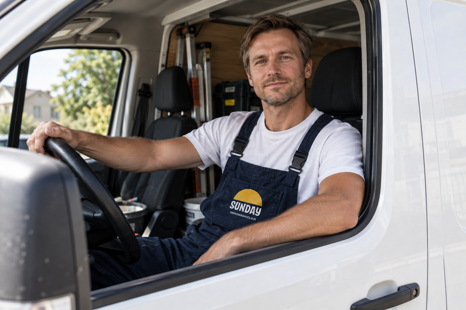 A man sitting in the driver's seat of a white work van, wearing a white t-shirt and navy overalls with a 'Sunday' logo, smiling at the camera.