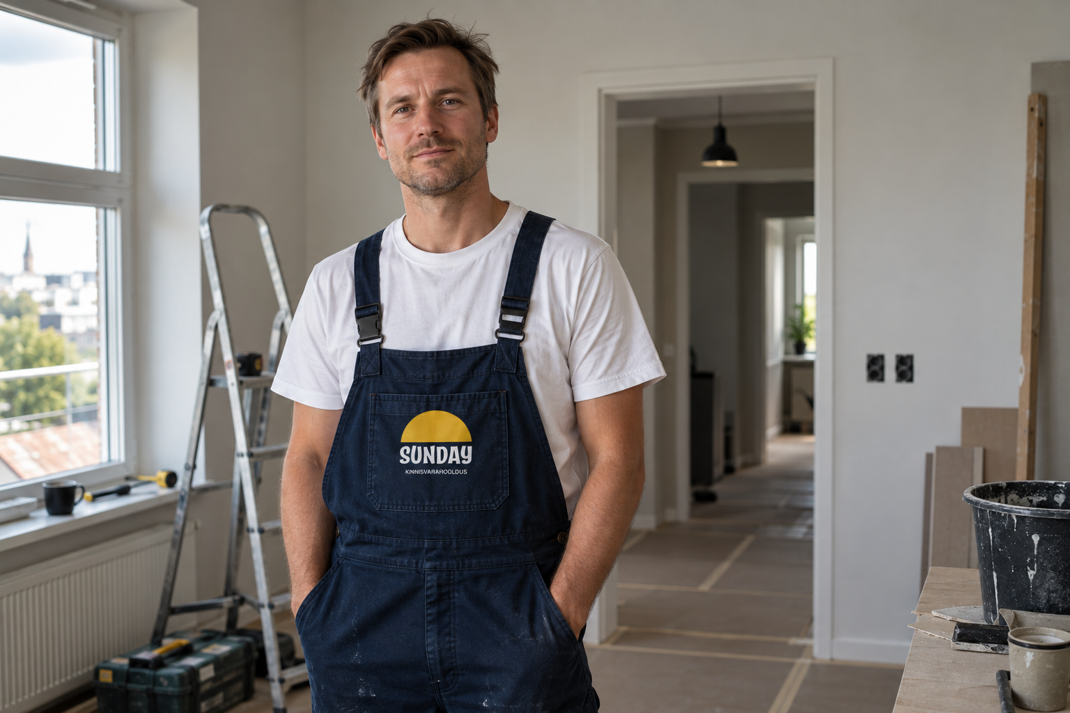 A man in a white t-shirt and dark overalls standing inside a house under renovation, with tools, a ladder, and construction materials around him.
