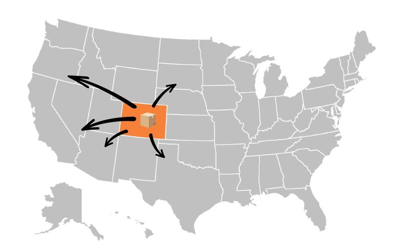 Map of the United States with a box icon in the center of four arrows pointing outward, indicating a central distribution location.