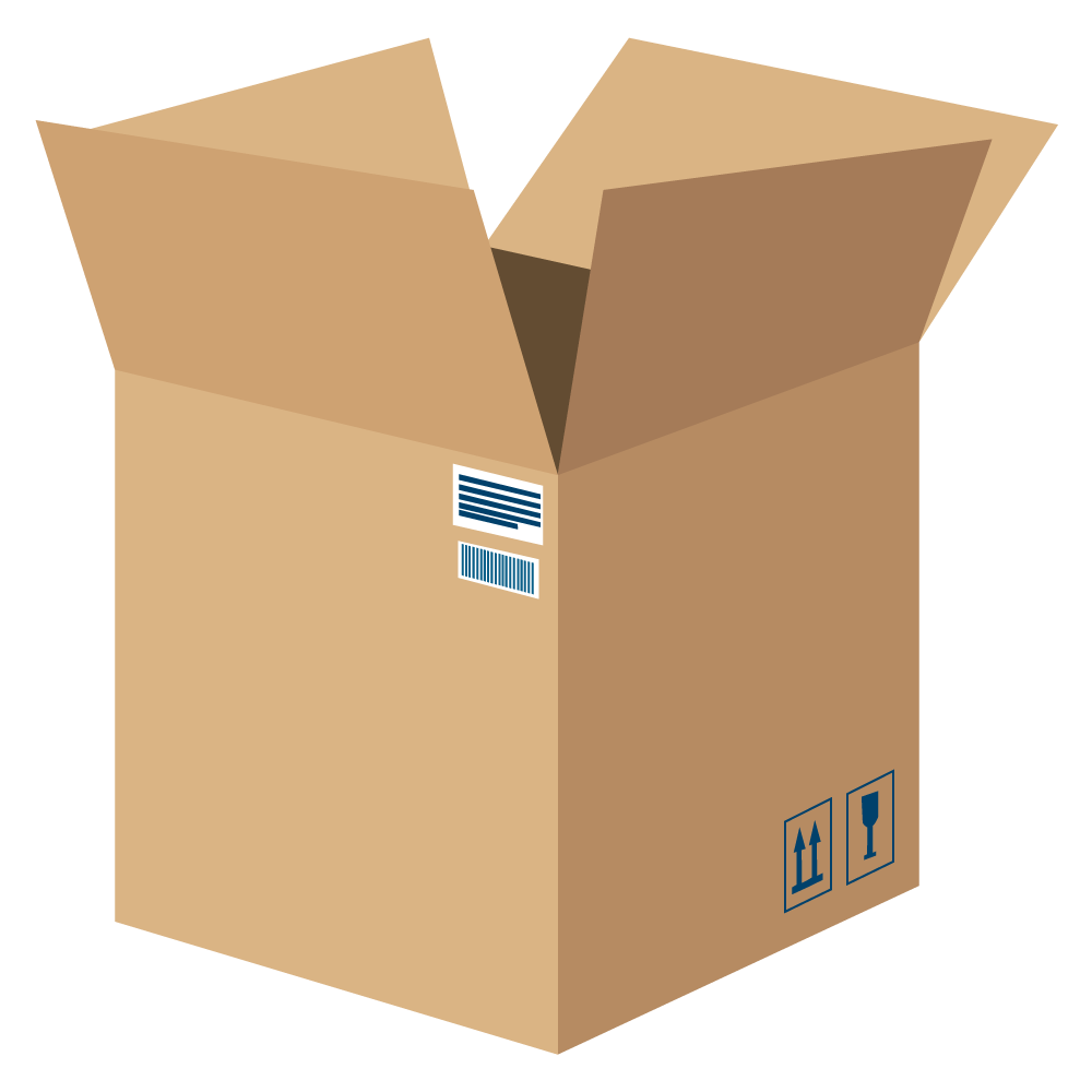 Open cardboard shipping box with flaps raised, showing labels and handling symbols