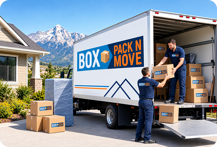 Professional moving team loading boxes into a truck