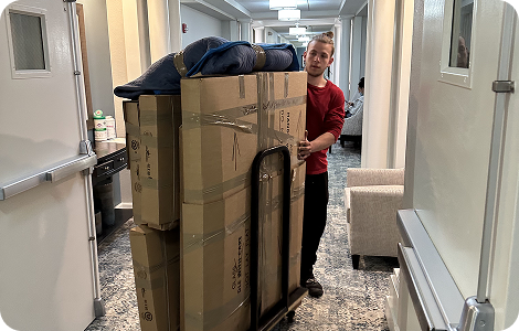 Movers transporting packed household boxes