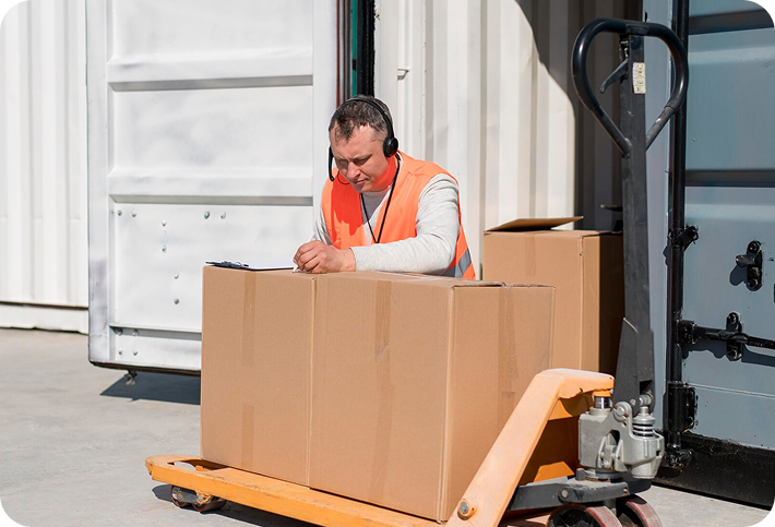 Moving specialist inspecting boxes on a pallet jack