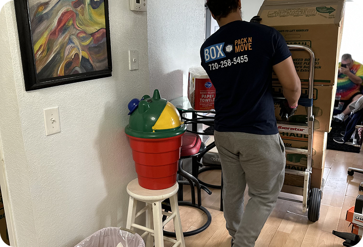 Moving professional transporting boxes on a dolly