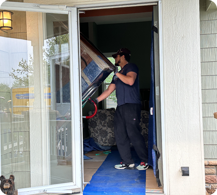 Furniture movers carrying a large wrapped item