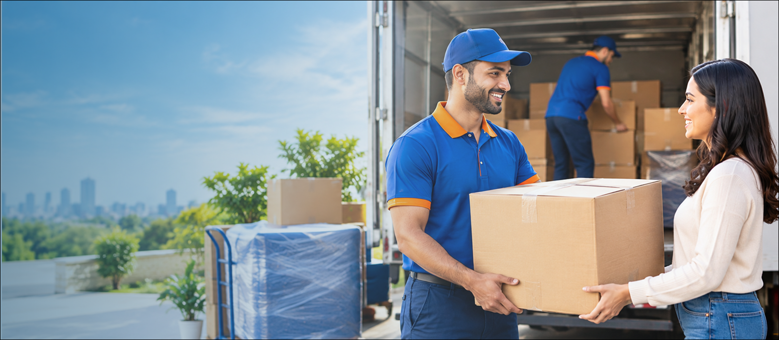 Professional mover handing a box to a customer