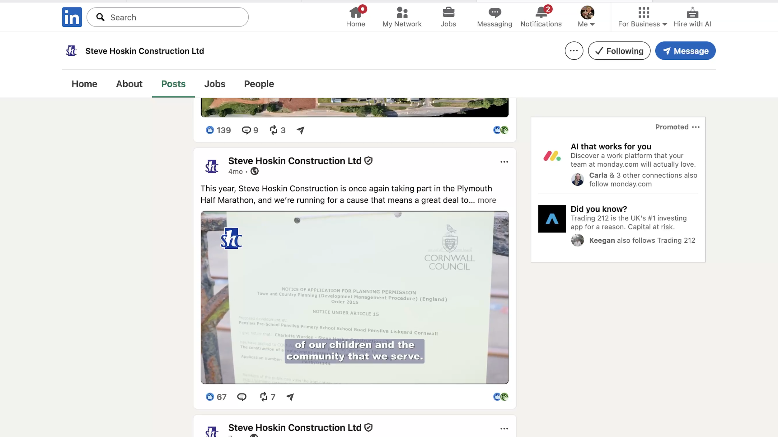 Instagram profile page of Steve Hoskin Construction Ltd showing a recent post about their participation in the Plymouth Half Marathon, with a partial view of a document and a caption about serving children and the community.