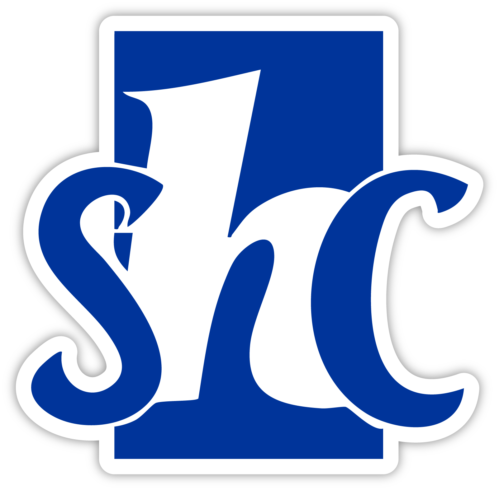 A stylized graphic of a blue number 7 with a white outline on a black background.