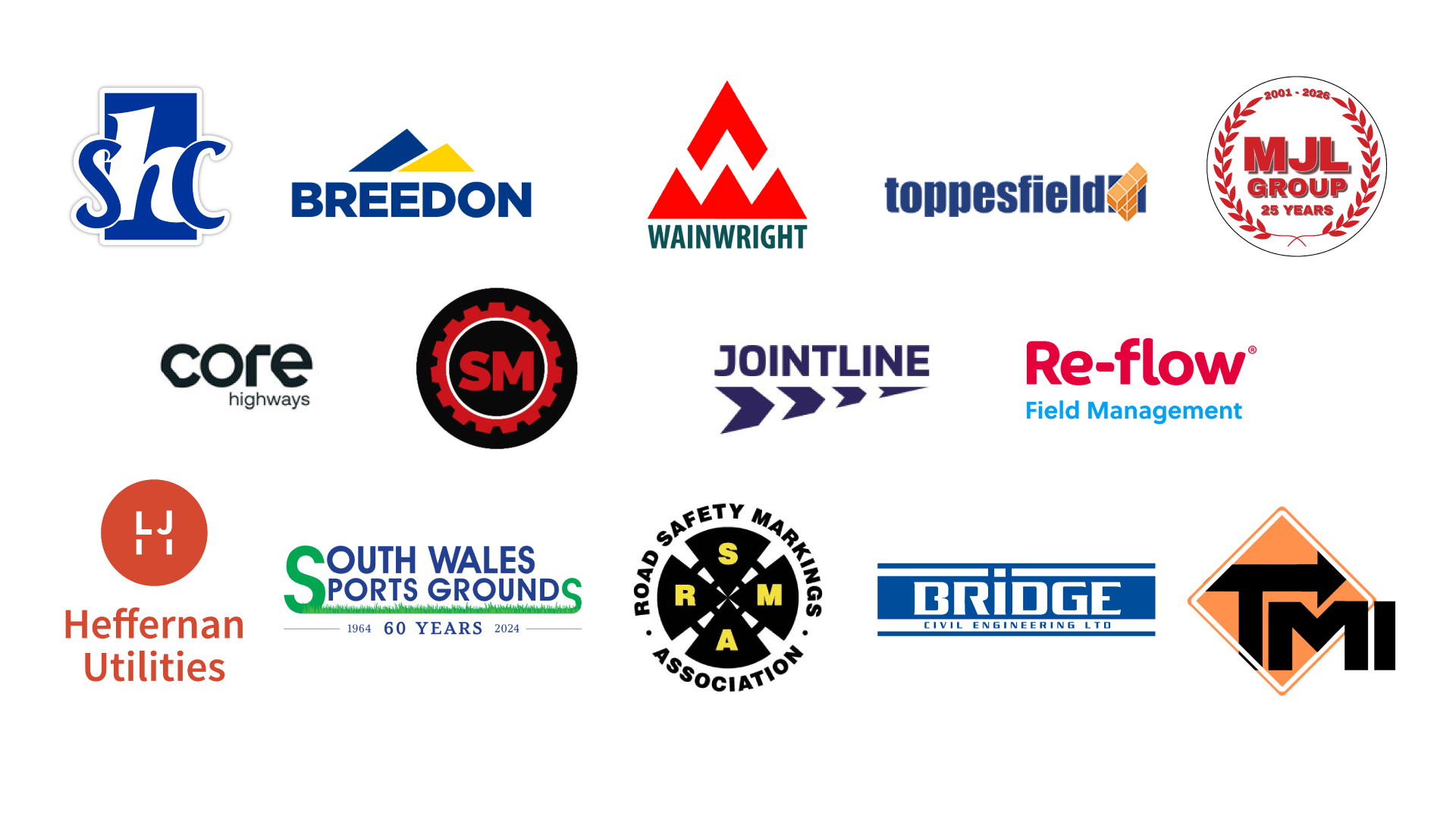 Collection of company logos including Heffernan Utilities, South Wales Sports Grounds, Road Safety Markings Association, Bridge Civil Engineering, and others.
