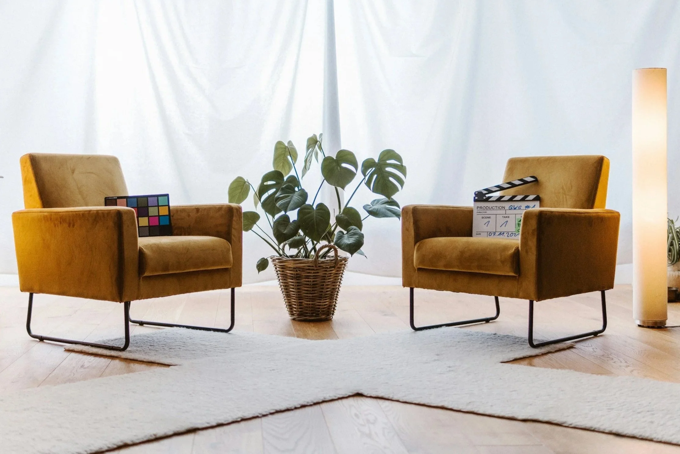 A living room setup with two mustard yellow armchairs facing each other, a potted Monstera plant in a wicker basket between them, a color calibration chart on the left chair, a film slate on the right chair, and a white floor lamp on the right side. The background features white curtains with natural light.