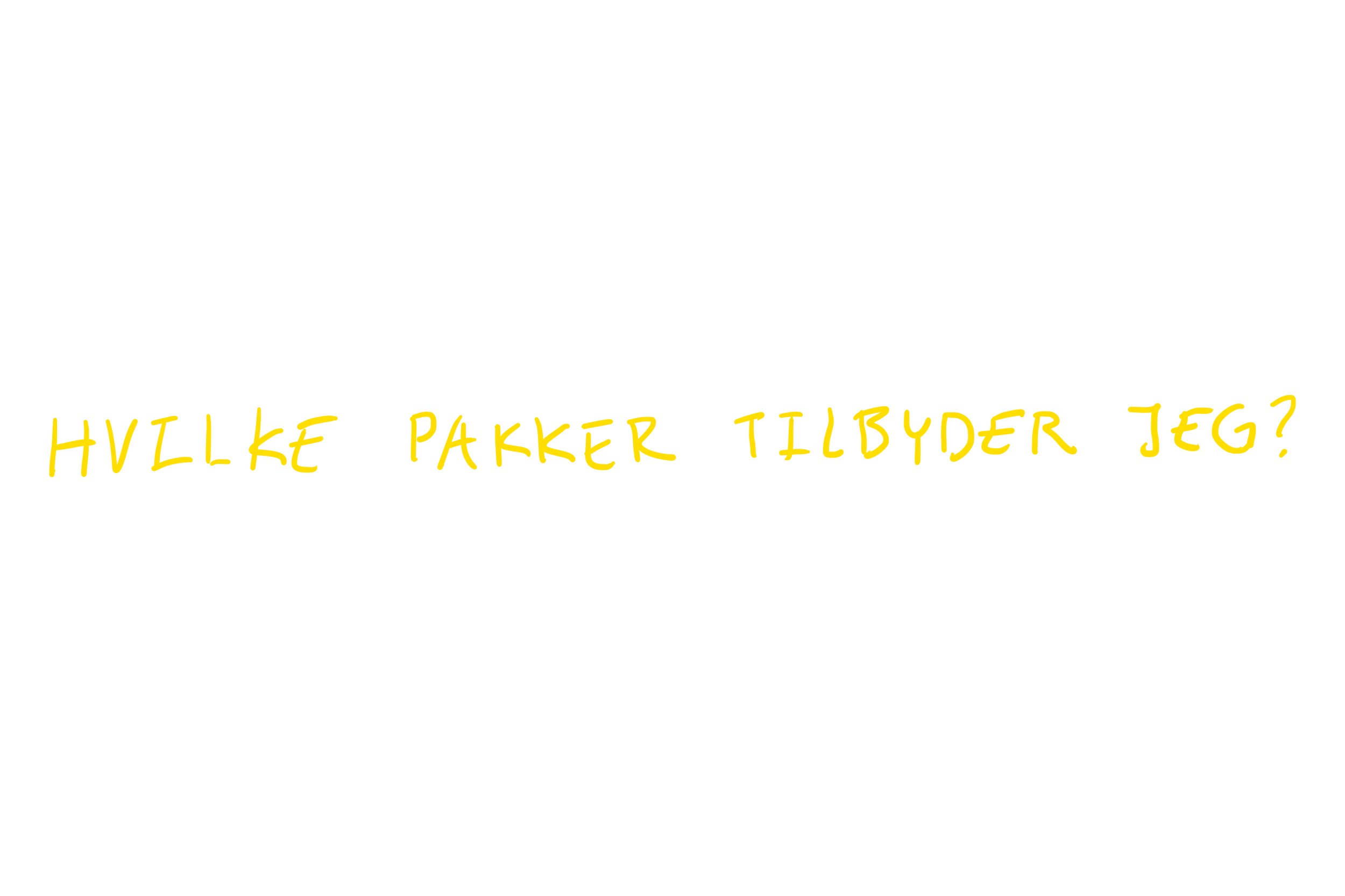 Tekst på sort baggrund, der siger: 'Hvilke pakker tilbyder jeg?' skrevet med gule bogstaver.