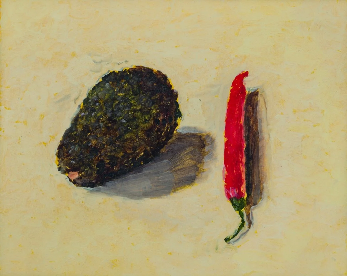 Avocado and chilli, 2020, oil on paper mounted on foam board, 19.5 x 24.5 cm