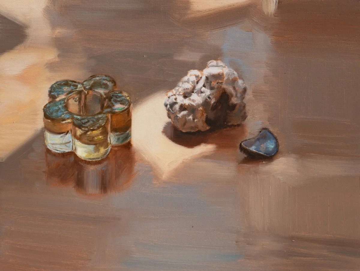 Glass flower, coral, shell, 2026, oil on board, 17 x 22.5 cm