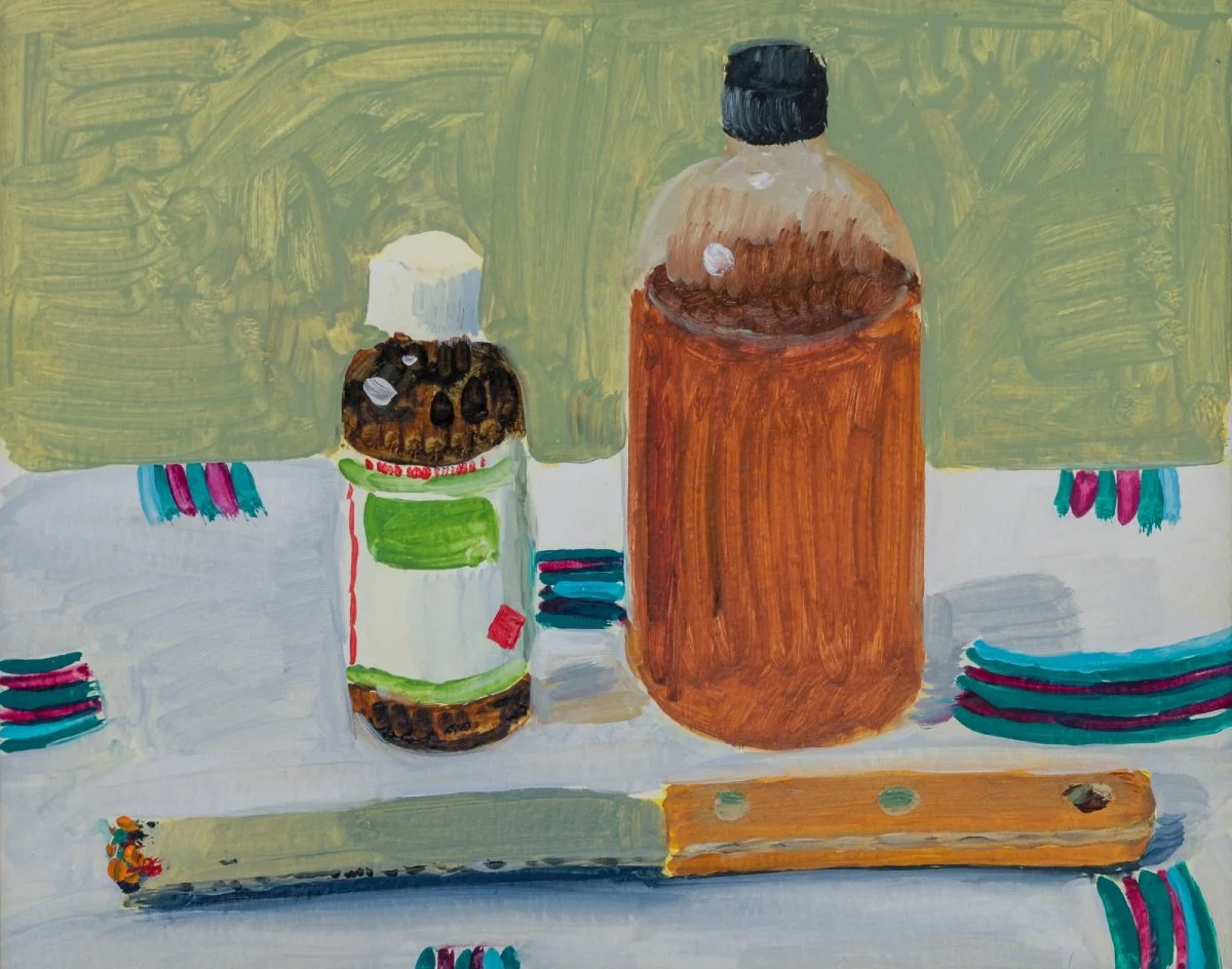 Bottles and palette knife, 2020, oil on paper mounted on foam board, 24.5 x 19.5 cm
