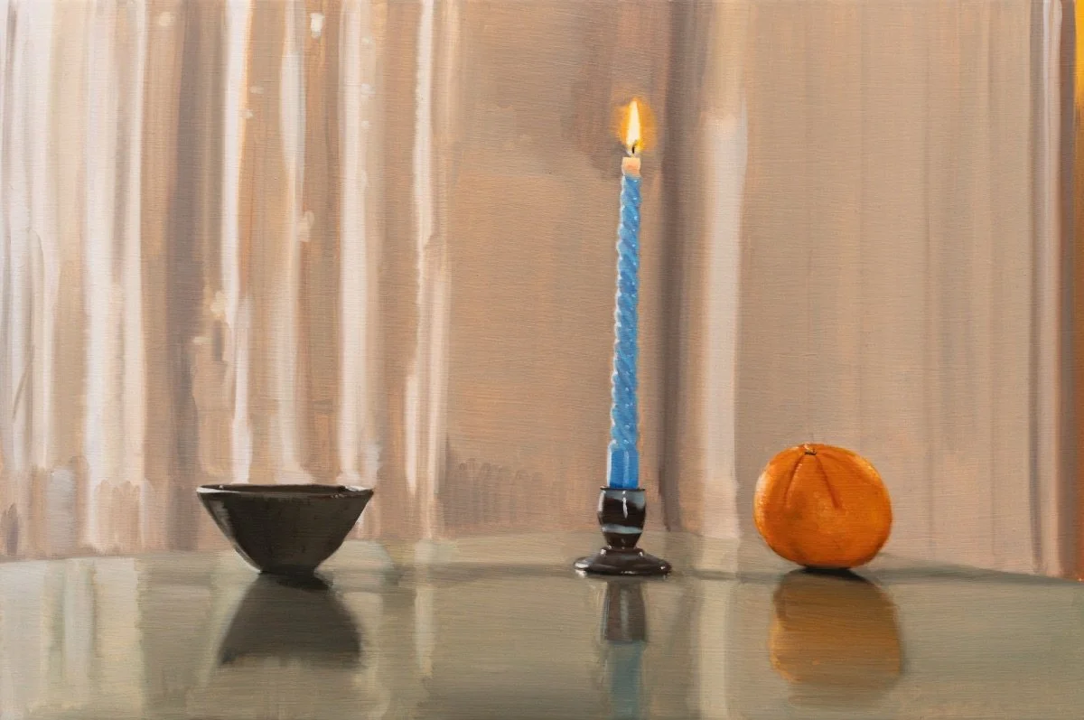 Lit candle, orange and little vessel, 2025, oil on board, 40 x 60 cm