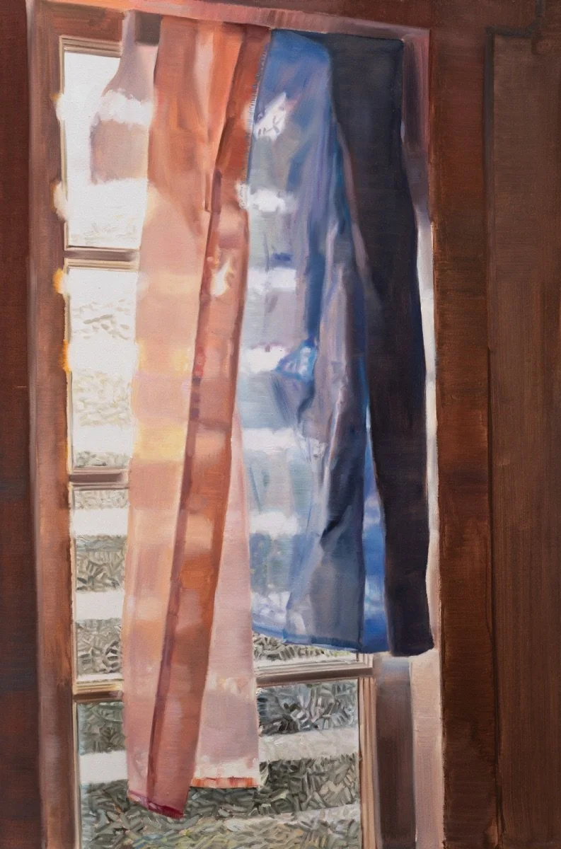 Storm shutters, improvised curtain, 2026, oil on board, 60 x 40 cm