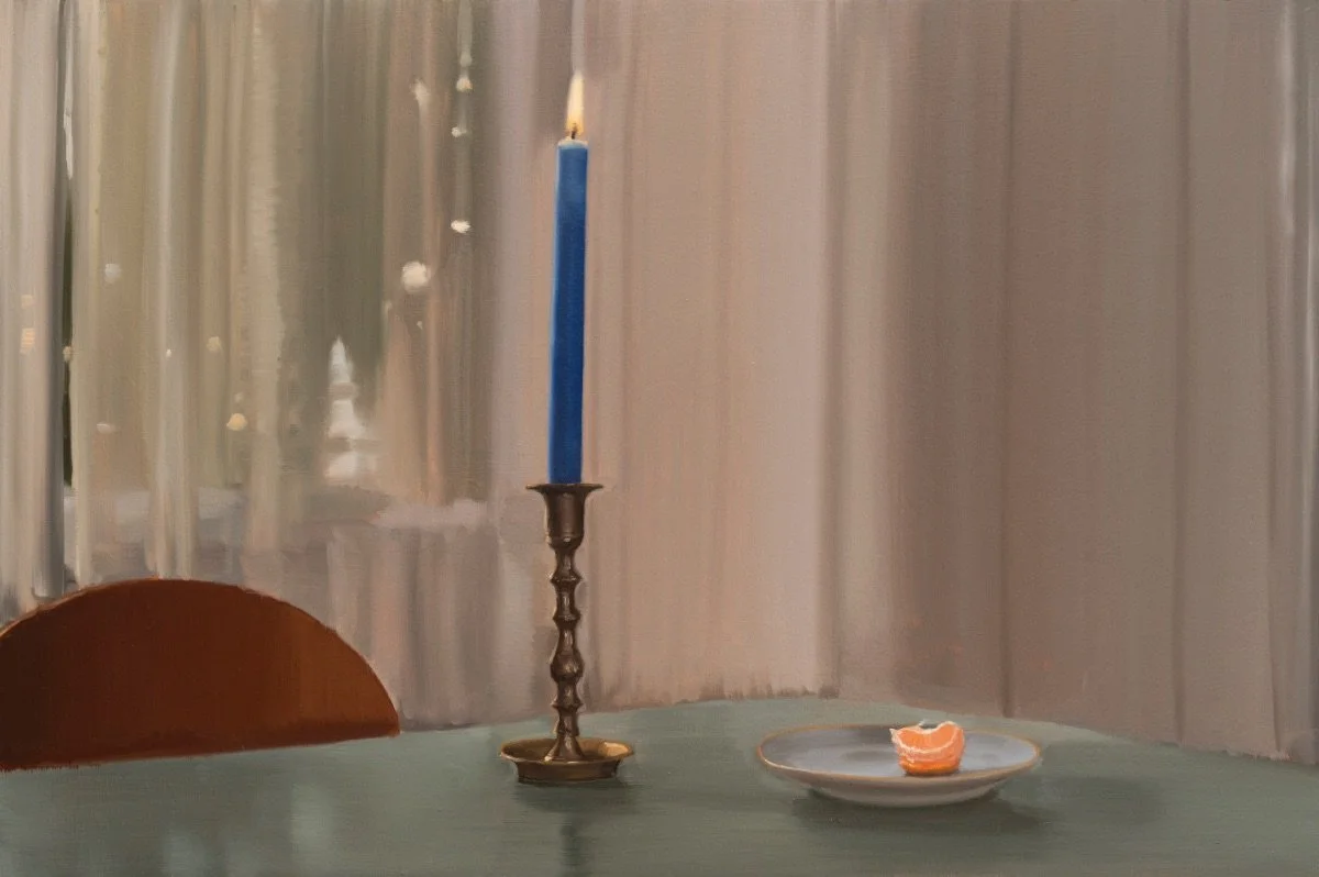 Blue candle, mandarin, 2023, oil on board, 40 x 60 cm