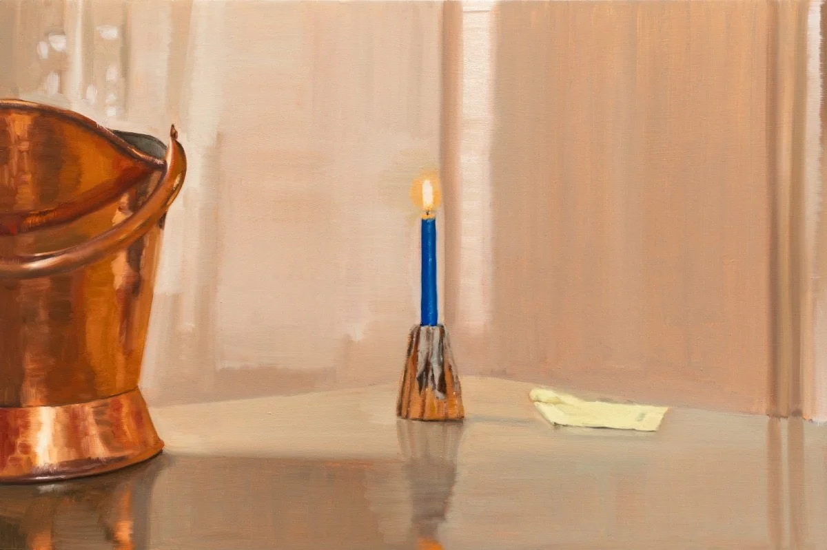 Blue candle, copper pot, soft cloth, 2025, oil on board, 40 x 60 cm