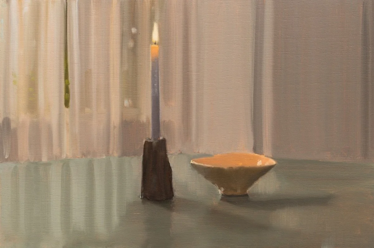 Candle and little vessel, 2023, oil on board, 26.5 x 40 cm