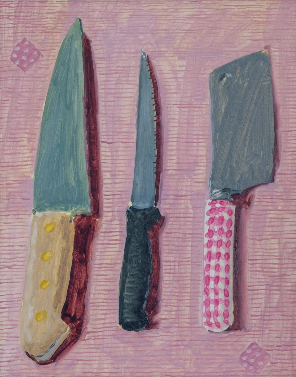 Three knives, 2020, oil on paper mounted on foam board, 24.5 x 19.5 cm