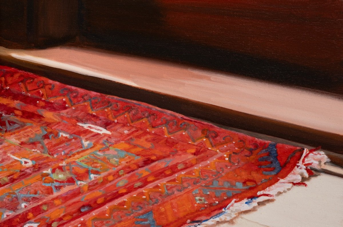 Red rug, 2026, oil on board, 15 x 22.5 cm