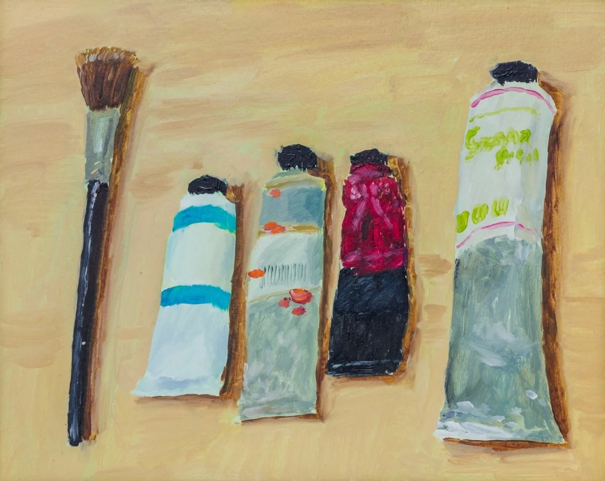Paint tubes, 2020, oil on paper mounted on foam board, 19.5 x 24.5 cm