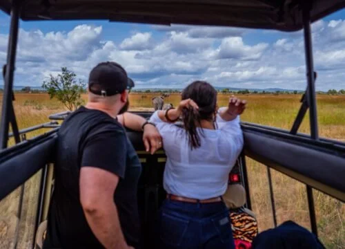 Two people in a safari vehicle observing a grassy plain with trees and a partly cloudy sky.
