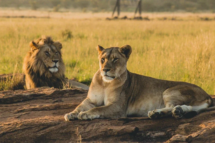A lion and lioness resting on a log in a grassy plain during daylight.