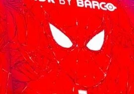 Close-up crop of the Spider-Man mask on the Times Square billboard with the HDR by Barco attribution visible