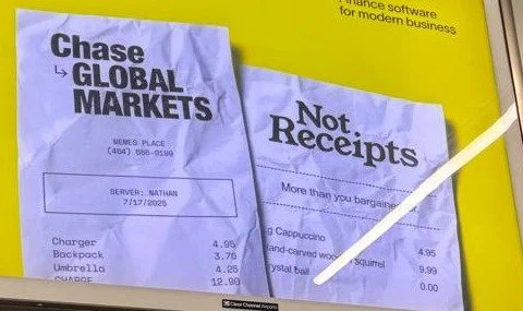 Close-up of the two receipts in the Ramp ad: the left headed "Chase Global Markets" with itemised travel purchases, the right headed "Not Receipts" with odd expense lines including a hand-carved wooden squirrel and a crystal ball.